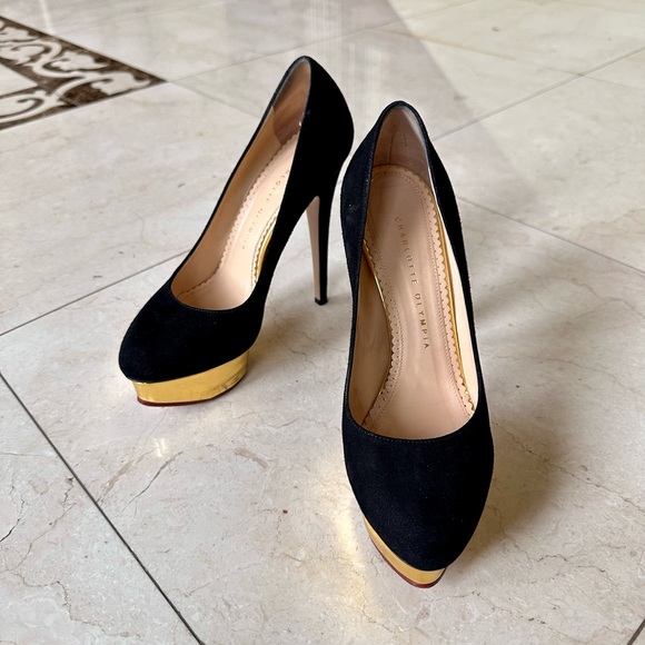 Charlotte Olympia Black Suede Gold Platform Pumps Heels 37.5 - Picture 1 of 7
